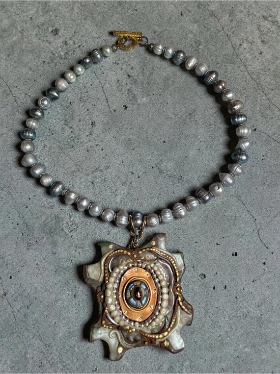 Jewelry - Handcrafted Gray Pearl Necklace with Ornate Pendant - Signed by artist